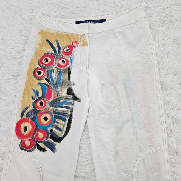 OHDD Save the Queen White Abstract Artsy Boho Chic Straight Leg Crop Pant Sz M - Picture 2 of 13